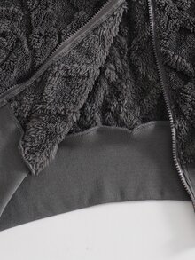 SHEIN 青少年女孩長袖毛絨抓絨連帽外套 針織菱格紋壓花拉鍊短版泰迪外套 灰色素色冬季外穿校園可愛款 - 深灰色 - 查看 8