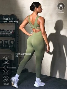 Solea Cove Army Green Cross Design Slim Fit Flattering Women's Sports Jumpsuit, Gym, Running, Workout, Yoga - Army Green - View 2