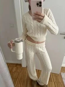 CovetEZ Women's V-Neck Long Sleeve Top And Pants Casual Knit 2 Pieces Set - Beige - View 3