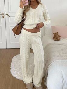CovetEZ Women's V-Neck Long Sleeve Top And Pants Casual Knit 2 Pieces Set - Beige - View 8