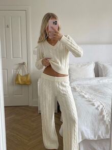 CovetEZ Women's V-Neck Long Sleeve Top And Pants Casual Knit 2 Pieces Set - Beige - View 9