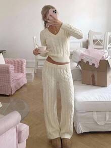 CovetEZ Women's V-Neck Long Sleeve Top And Pants Casual Knit 2 Pieces Set - Beige - View 2