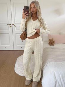 CovetEZ Women's V-Neck Long Sleeve Top And Pants Casual Knit 2 Pieces Set - Beige - View 6