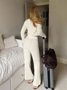 CovetEZ Women's V-Neck Long Sleeve Top And Pants Casual Knit 2 Pieces Set - Beige - View 5