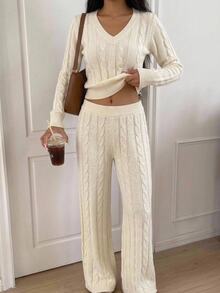 CovetEZ Women's V-Neck Long Sleeve Top And Pants Casual Knit 2 Pieces Set - Beige - View 4