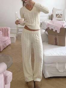 CovetEZ Women's V-Neck Long Sleeve Top And Pants Casual Knit 2 Pieces Set - Beige - View 7