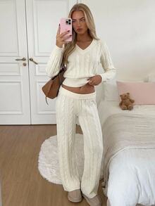 CovetEZ Women's V-Neck Long Sleeve Top And Pants Casual Knit 2 Pieces Set - Beige - View 1