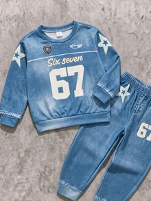 2pcs/Set Kids Denim Effect Contrast Color Casual Creative Outfit, Number 67 Print Crew Neck Sweatshirt And Matching Denim Effect Pants, Korean Style - Multicolor - View 3