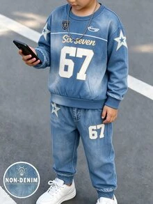 2pcs/Set Kids Denim Effect Contrast Color Casual Creative Outfit, Number 67 Print Crew Neck Sweatshirt And Matching Denim Effect Pants, Korean Style - Multicolor - View 1