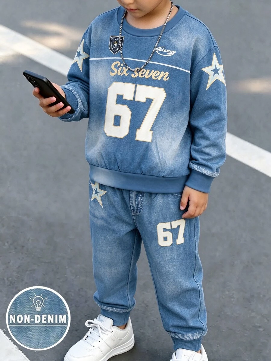 2pcs/Set Kids Denim Effect Contrast Color Casual Creative Outfit, Number 67 Print Crew Neck Sweatshirt And Matching Denim Effect Pants, Korean Style - Multicolor - View 1
