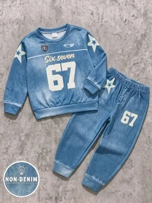 2pcs/Set Kids Denim Effect Contrast Color Casual Creative Outfit, Number 67 Print Crew Neck Sweatshirt And Matching Denim Effect Pants, Korean Style - Multicolor - View 2