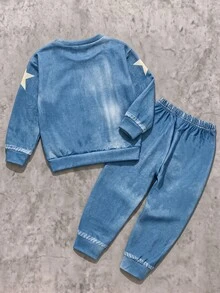 2pcs/Set Kids Denim Effect Contrast Color Casual Creative Outfit, Number 67 Print Crew Neck Sweatshirt And Matching Denim Effect Pants, Korean Style - Multicolor - View 4