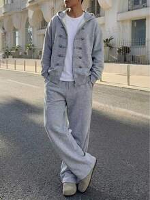 DAZY Autumn/Winter Thermal Lined Grey Zipper Front Jacket With Metal Button Decor Men's Outerwear Set - Grey - View 6
