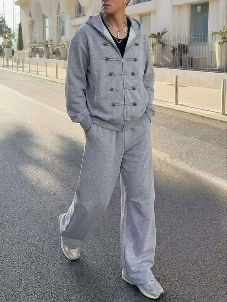DAZY 秋冬保暖內裡灰色拉鍊前開式夾克，金屬鈕扣裝飾男士外套套裝 - 灰色 - 查看 7