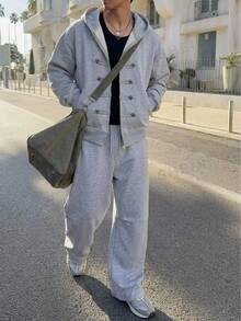 DAZY Autumn/Winter Thermal Lined Grey Zipper Front Jacket With Metal Button Decor Men's Outerwear Set - Grey - View 5