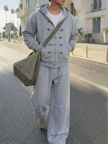 DAZY Autumn/Winter Thermal Lined Grey Zipper Front Jacket With Metal Button Decor Men's Outerwear Set - Grey - View 4