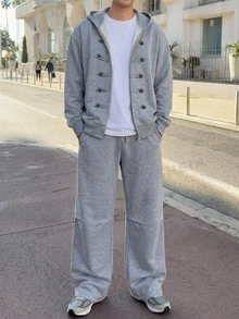 DAZY Autumn/Winter Thermal Lined Grey Zipper Front Jacket With Metal Button Decor Men's Outerwear Set - Grey - View 1
