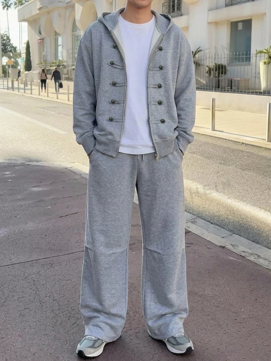 DAZY Autumn/Winter Thermal Lined Grey Zipper Front Jacket With Metal Button Decor Men's Outerwear Set - Grey - View 1