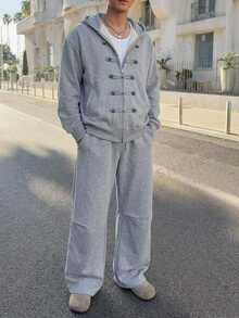 DAZY Autumn/Winter Thermal Lined Grey Zipper Front Jacket With Metal Button Decor Men's Outerwear Set - Grey - View 2