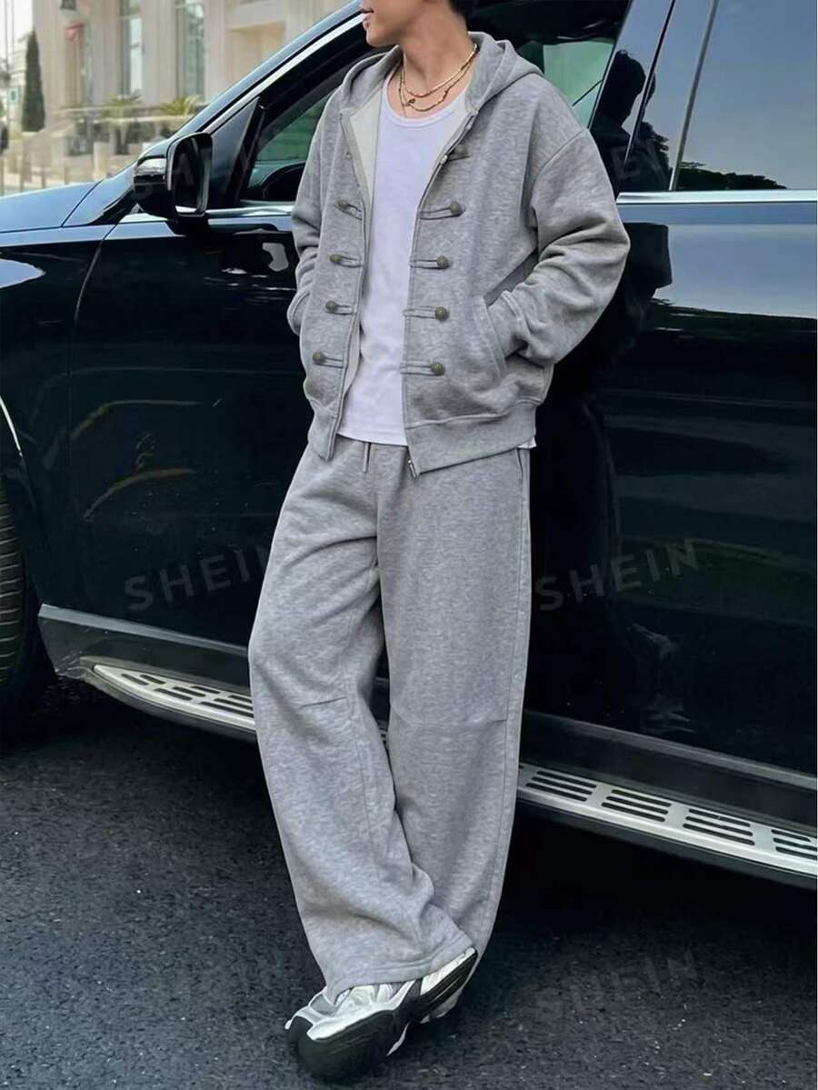 DAZY 秋冬保暖內裡灰色拉鍊前開式夾克,金屬鈕扣裝飾男士外套套裝 - 灰色 - 查看 1