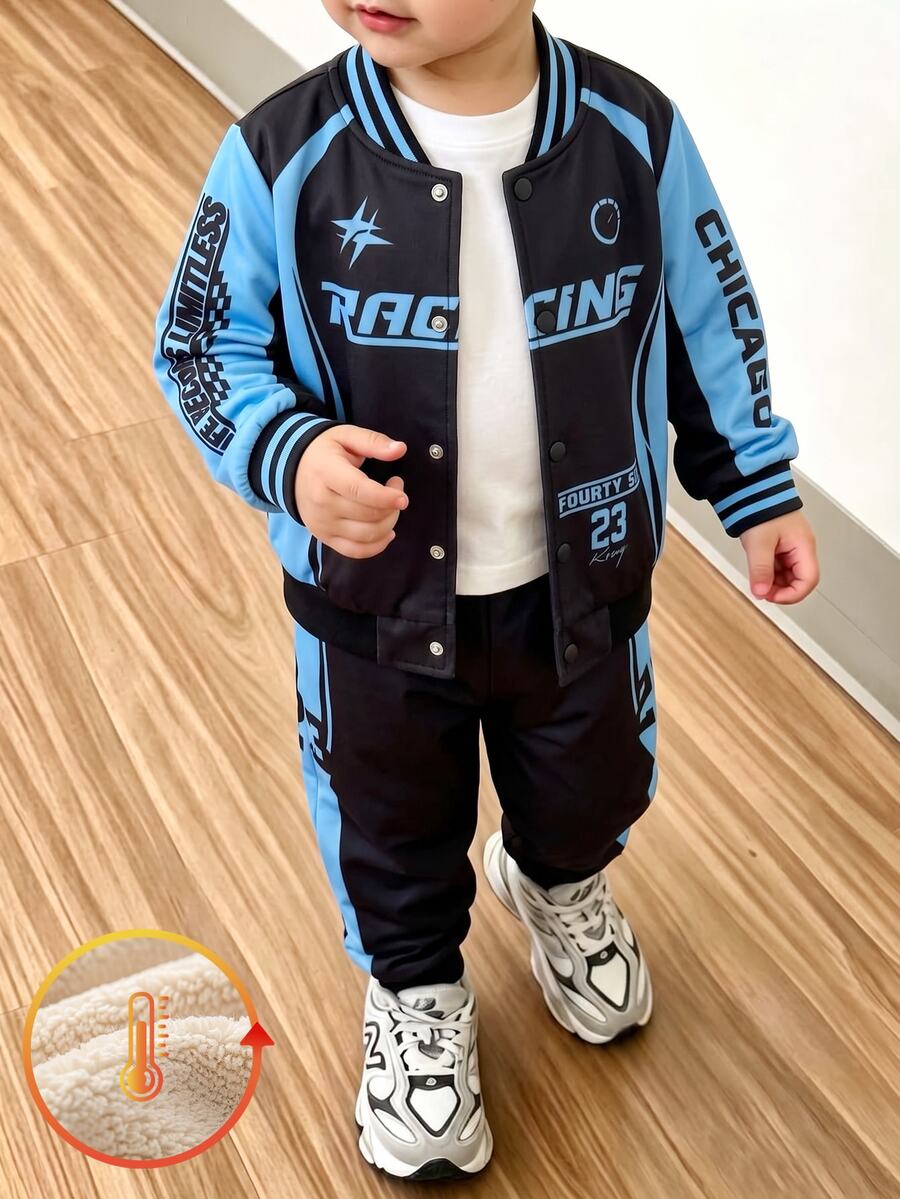 2pcs Young Boys Racing Car Letter Graphic Varsity Jacket Sweatpants Set, Toddler Boy Sporty Bomber Outfit, Fall Clothes Birthday Western Beach White