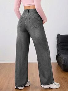 Flirla بنطلون جينز نسائي بخصر عالي وجيوب وساق واسعة فضفاض كاجوال - رمادي - مشاهدة 2