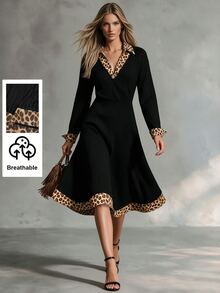 SHEIN فستان نسائي خريفي/شتوي بتصميم بسيط وأنيق، منسوج بلون موحد وطبعة نمر، بياقة على شكل حرف V وقصة ضيقة، مناسب للارتداء اليومي والتنقل الأنيق - متعدد الألوان - مشاهدة 8