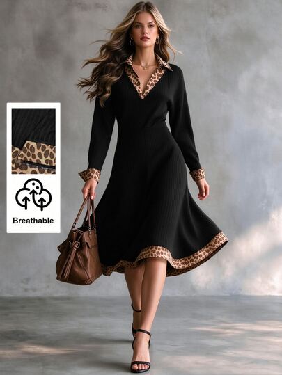 SHEIN Women's Autumn/Winter Minimalist Fashion Textured Solid Color & Leopard Print V-Neck Bodycon Dress, Suitable For Daily Wear, Commuting Elegant