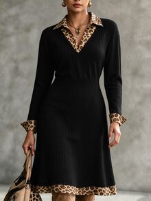 SHEIN فستان نسائي خريفي/شتوي بتصميم بسيط وأنيق، منسوج بلون موحد وطبعة نمر، بياقة على شكل حرف V وقصة ضيقة، مناسب للارتداء اليومي والتنقل الأنيق - متعدد الألوان - مشاهدة 5