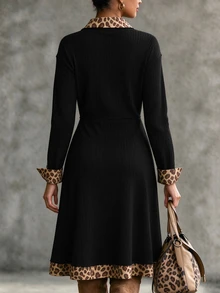 SHEIN فستان نسائي خريفي/شتوي بتصميم بسيط وأنيق، منسوج بلون موحد وطبعة نمر، بياقة على شكل حرف V وقصة ضيقة، مناسب للارتداء اليومي والتنقل الأنيق - متعدد الألوان - مشاهدة 2