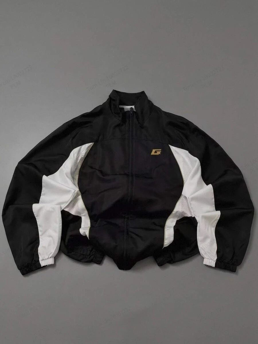 Manfinity RebelGame Men's Spring/Autumn Casual Colorblock Patchwork Jacket - Black and White - View 1
