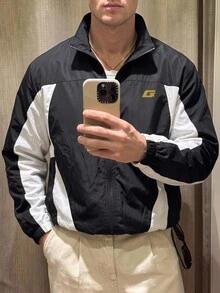 Manfinity RebelGame Men's Spring/Autumn Casual Colorblock Patchwork Jacket - Black and White - View 9
