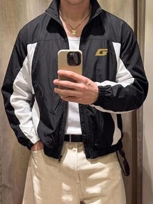 Manfinity RebelGame Men's Spring/Autumn Casual Colorblock Patchwork Jacket - Black and White - View 7
