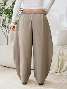 Solflare Plus Size Women Solid Color Pleated Casual Daily Wear Long Pants - Camel - View 2