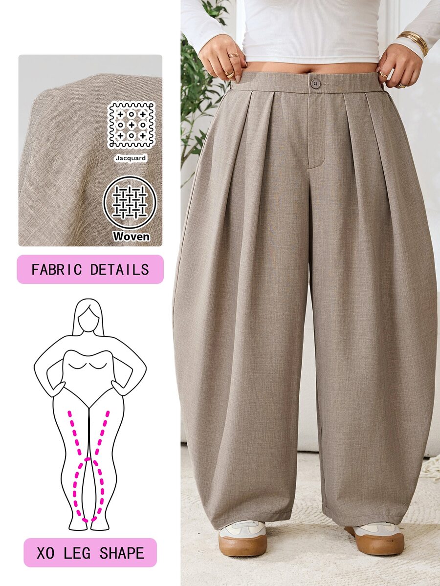 Solflare Plus Size Women Solid Color Pleated Casual Daily Wear Long Pants - Camel - View 1