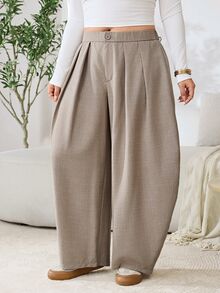 Solflare Plus Size Women Solid Color Pleated Casual Daily Wear Long Pants - Camel - View 4