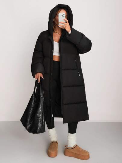 SHEIN Manteau long matelassé à capuche pour femme, oversize, minimaliste, décontracté, zippé, veste d'hiver matelassée, parka noire épaisse et chaude, pour les voyages, le quotidien et les sorties