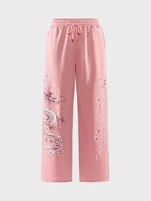AXEPEAK Men's Chinese Dragon Print Drawstring Waist Pocket Casual Sweatpants - Pink - View 5