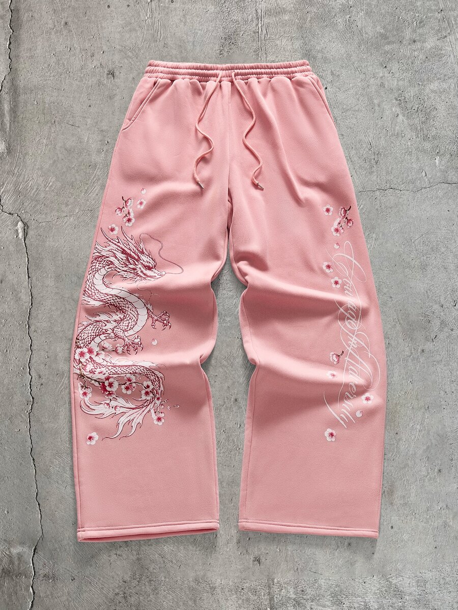 AXEPEAK Men's Chinese Dragon Print Drawstring Waist Pocket Casual Sweatpants - Pink - View 1