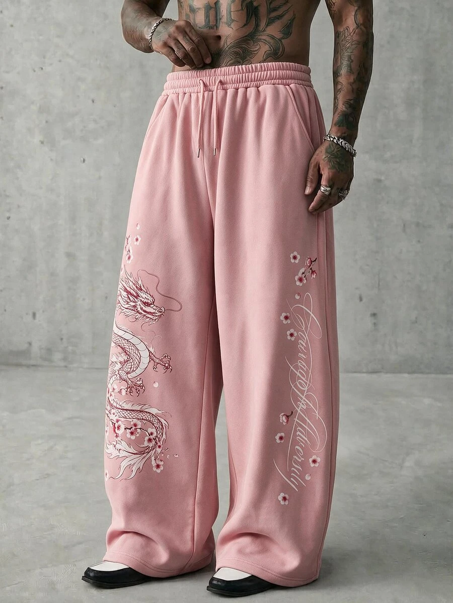 AXEPEAK Men's Chinese Dragon Print Drawstring Waist Pocket Casual Sweatpants - Pink - View 1