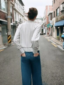 Nöista Blue White Stripe Blouse With Mandarin Collar And Contrast Piping. Fall Winter, Everyday Retro 70s, Casual, Christmas. Office - Baby Blue - View 5