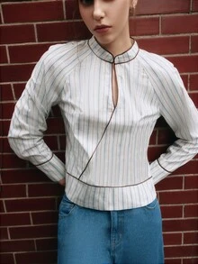Nöista Blue White Stripe Blouse With Mandarin Collar And Contrast Piping. Fall Winter, Everyday Retro 70s, Casual, Christmas. Office - Baby Blue - View 4