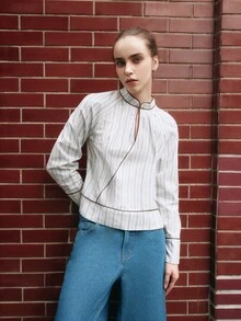 Nöista Blue White Stripe Blouse With Mandarin Collar And Contrast Piping. Fall Winter, Everyday Retro 70s, Casual, Christmas. Office - Baby Blue - View 6