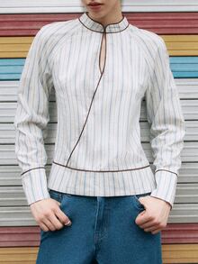 Nöista Blue White Stripe Blouse With Mandarin Collar And Contrast Piping. Fall Winter, Everyday Retro 70s, Casual, Christmas. Office - Baby Blue - View 7