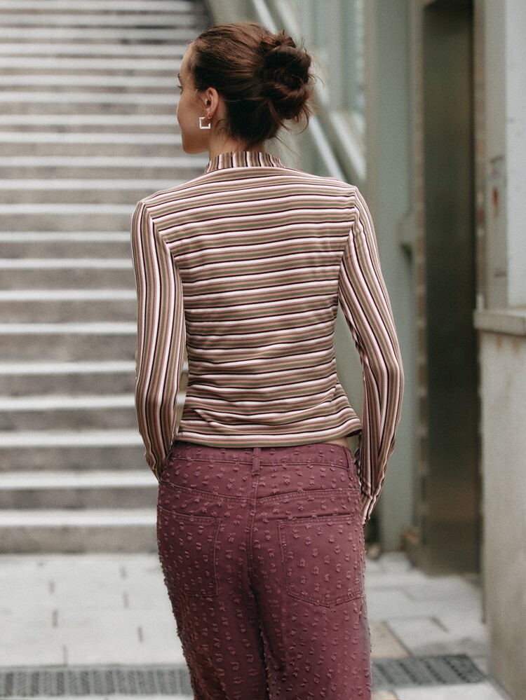 Nöista Striped Knit Top With Keyhole Neckline. Fall Winter, Office, Back To School, Everyday. - Pink - View 5