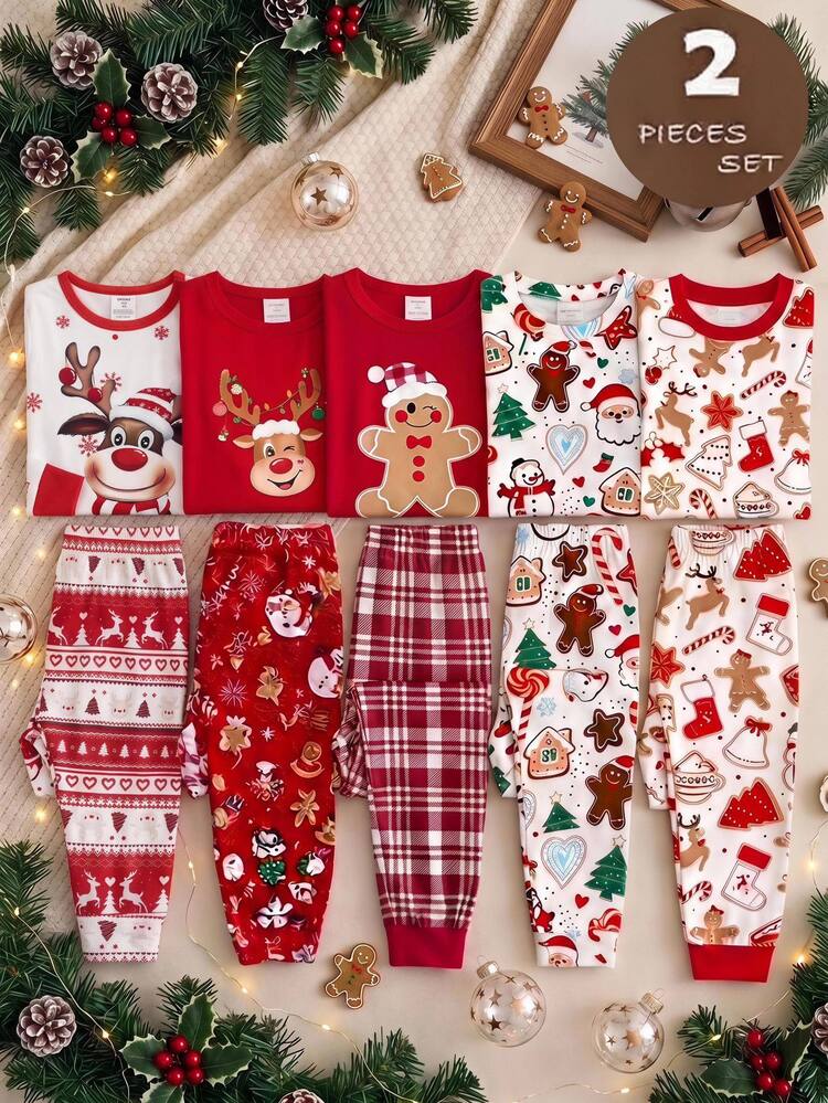 SHEIN Young Girls Young Girl Autumn/Winter Christmas Cute Fashion Versatile Party Long Sleeve Long Pants Set Daily Home Wear Slim Fit - Red and White - View 10