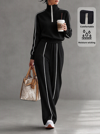 SHEIN Women's 2 Pieces Casual Outdoor Set, White Top And Sweatpants With Contrast Trim Design, Autumn Casual Women's Clothing, Sweatshirt And Sweatpants Set