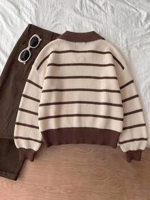 SHEIN 青少年女孩秋冬長袖咖啡色星星圖案毛衣，休閒日常校園假期穿搭 - 棕色 - 查看 3
