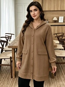Lacomfia Women's Hooded Long Sleeve Loose Textured Jacquard Casual Versatile Autumn/Winter Plus Size Jacket - Khaki - View 1