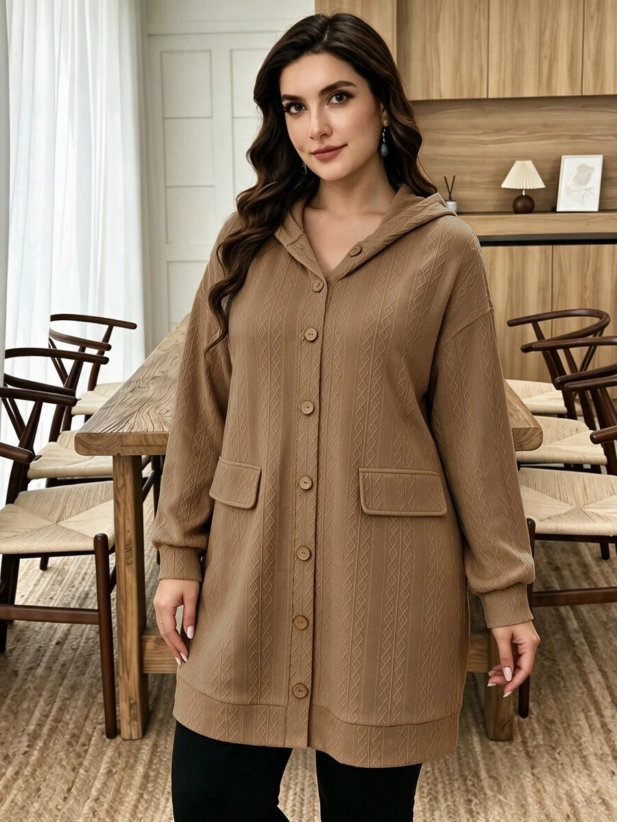 Lacomfia Women's Hooded Long Sleeve Loose Textured Jacquard Casual Versatile Autumn/Winter Plus Size Jacket - Khaki - View 1